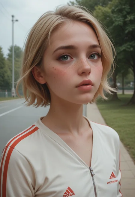 score_9, score_8_up, score_7_up, score_6_up, score_9, score_8_up, score_8, (portrait), 1 girl, 18 year old girl, ((mean expression, closed lips)), leu_hanna2, ((freckles)), blonde short hair, flat chest, perfect round boobs , cute sweet girl, beautiful woman , slim legs, pouty lips, dynamic view, blush,
shy, arched back, wearing sport outfits, jacket, park