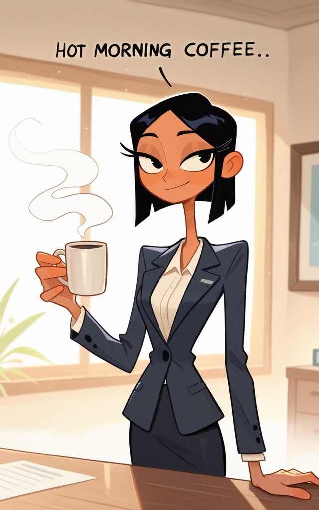 girl, human, long eyelashes, breasts, slim body, teasing, office lady, open hand on table, drinks a hot coffee, cup in hand,
Good morning, ch1ldcn,
 <lora:ChildCartoon-illustrious:1>