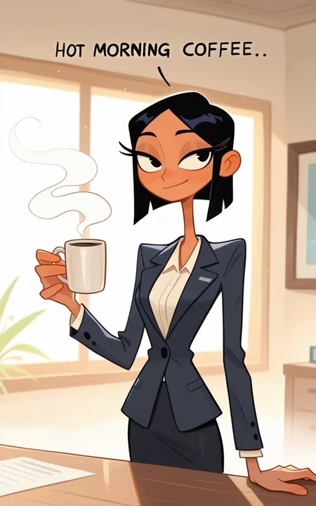girl, human, long eyelashes, breasts, slim body, teasing, office lady, open hand on table, drinks a hot coffee, cup in hand,
Good morning, ch1ldcn,
 <lora:ChildCartoon-illustrious:1>