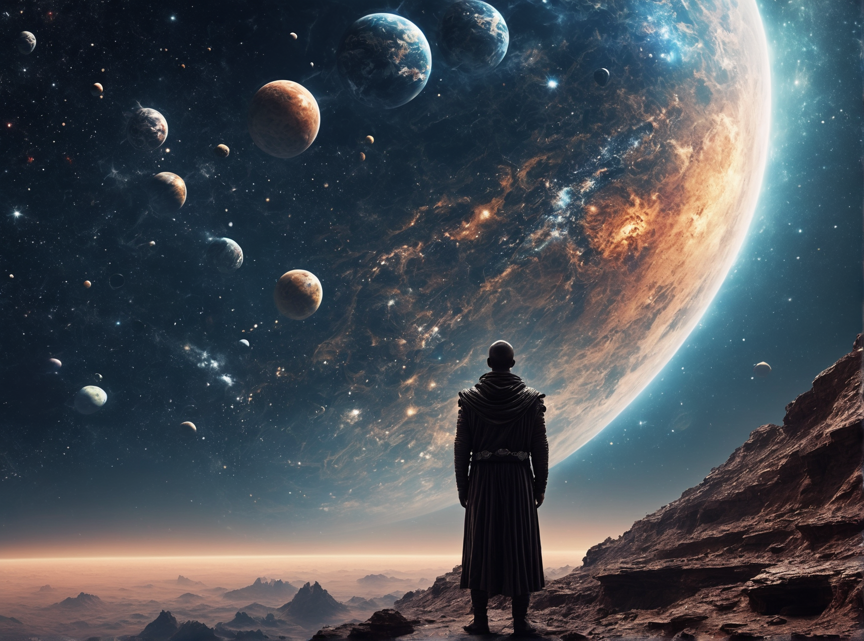 It is a being made of billions of tiny gemstones; he resembles either a woman or a man.
This being is called Rendomriin.
Rendomriin is extremely powerful, proud, and arrogant, but it is also fair and impartial.
it is currently watching a magical planet from space, wondering whether or not to destroy it. view from space, deep space scenery, side view, in the picture described Rendomriin watching a planet from space.
 <lora:FC Flux Perfect Busts:1.7> <lora:extremely_detailed:1.9> <lora:å·¨ç¥_FLUX_lora_v1:1.8> <lora:Realistic-Fantasy-style_flux1D_LOREVER:1.4> <lora:spacemerge1:1> <lora:ymnmpi196a29e8950n39e6:1.6>