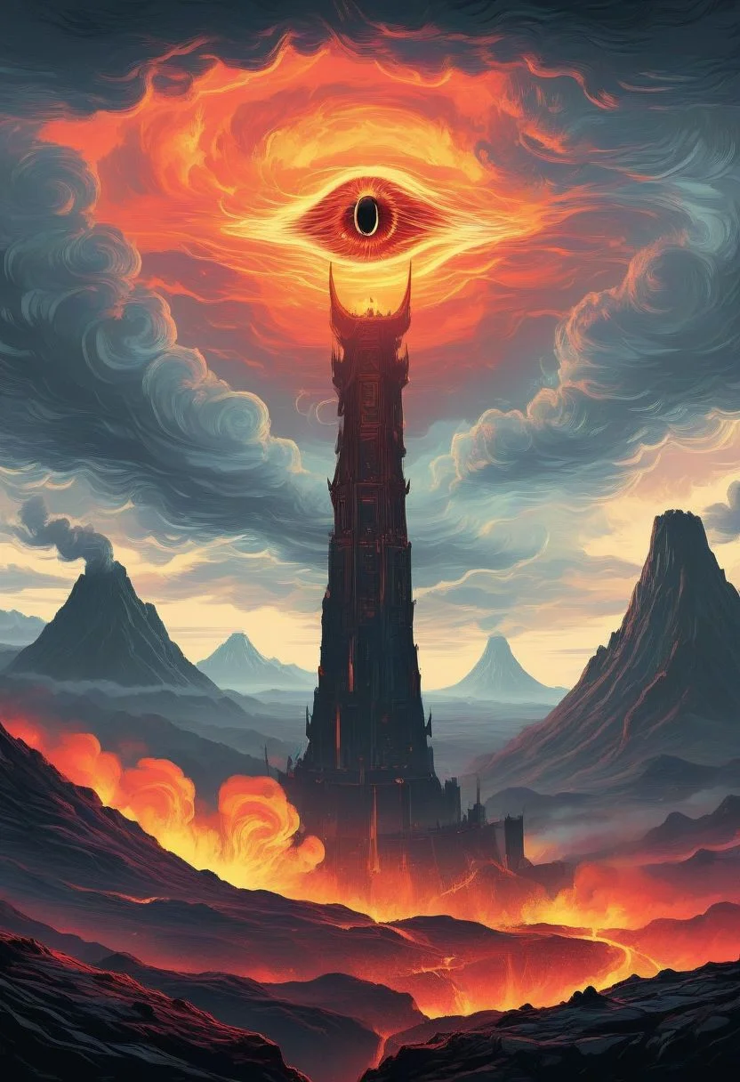 ((masterpiece, best quality)), high resolution, highly detailed, 32k picture, realistic, professional photo,
cinematic, movie poster, flat colors, warm colors, SauronsTower, eye focus, big eye, cloud, cloudy sky, mountain range, volcano,