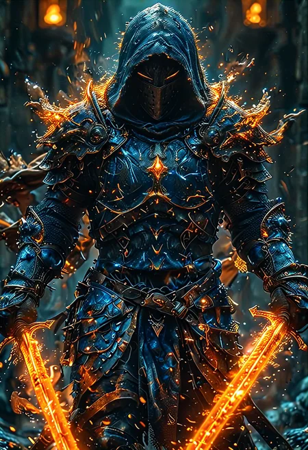 ultra detailed, dark, low-key, Bosstyle, chiaroscuro, amazing quality, masterpiece, best quality, hyper detailed, UHD, perfect anatomy, portrait, dof, majestic, blue hour, night:2, cinematic lighting, studio lighting, backlighting, hair lighting, (colored hood:2), gold accents, holding a magical flaming longsword with a glowing rune on the blade:2, Dual Swords, action shot, (fractal art:1.6),