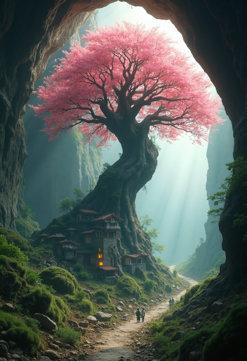 cinematic film still photography, cave, fantasy intricate gigantic single grand tall Sakura tree, village built on it roots, centered, super stylized, volumetric lighting, soft rays of light, shallow depth of field, vignette, highly detailed, bokeh, moody, epic, gorgeous, film grain, grainy
