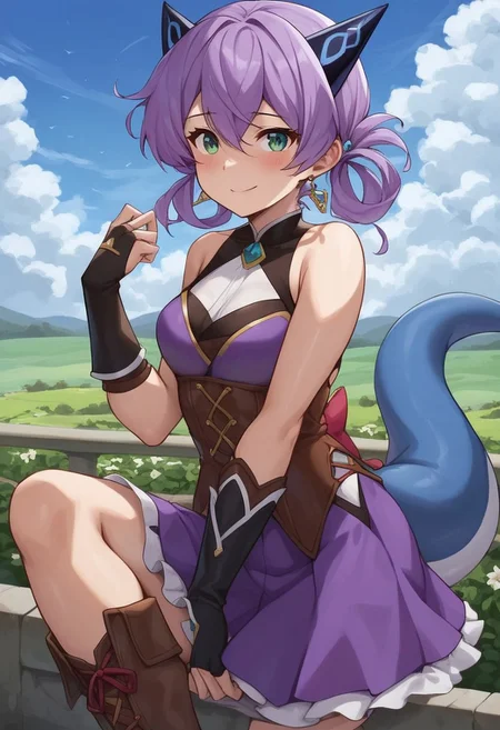 score_9, score_8_up, score_7_up, source_anime, (1girl),(solo:1.9)
BREAK,
HDA_MasterpieceXL_v.1,perfect hands
BREAK
1girl: <lora:Flatorte ST300N-v:1>, Flatorte,Dragon horns,
 small horns, dragon tail, blue tail, purple hair,
 hair up, side curls, light green eyes, small breasts,
BREAK
 pose sexy,Purple dress, off-the-shoulders, purple skirt, brown leather boots, outside, meadow, flowers, blue sky, clouds