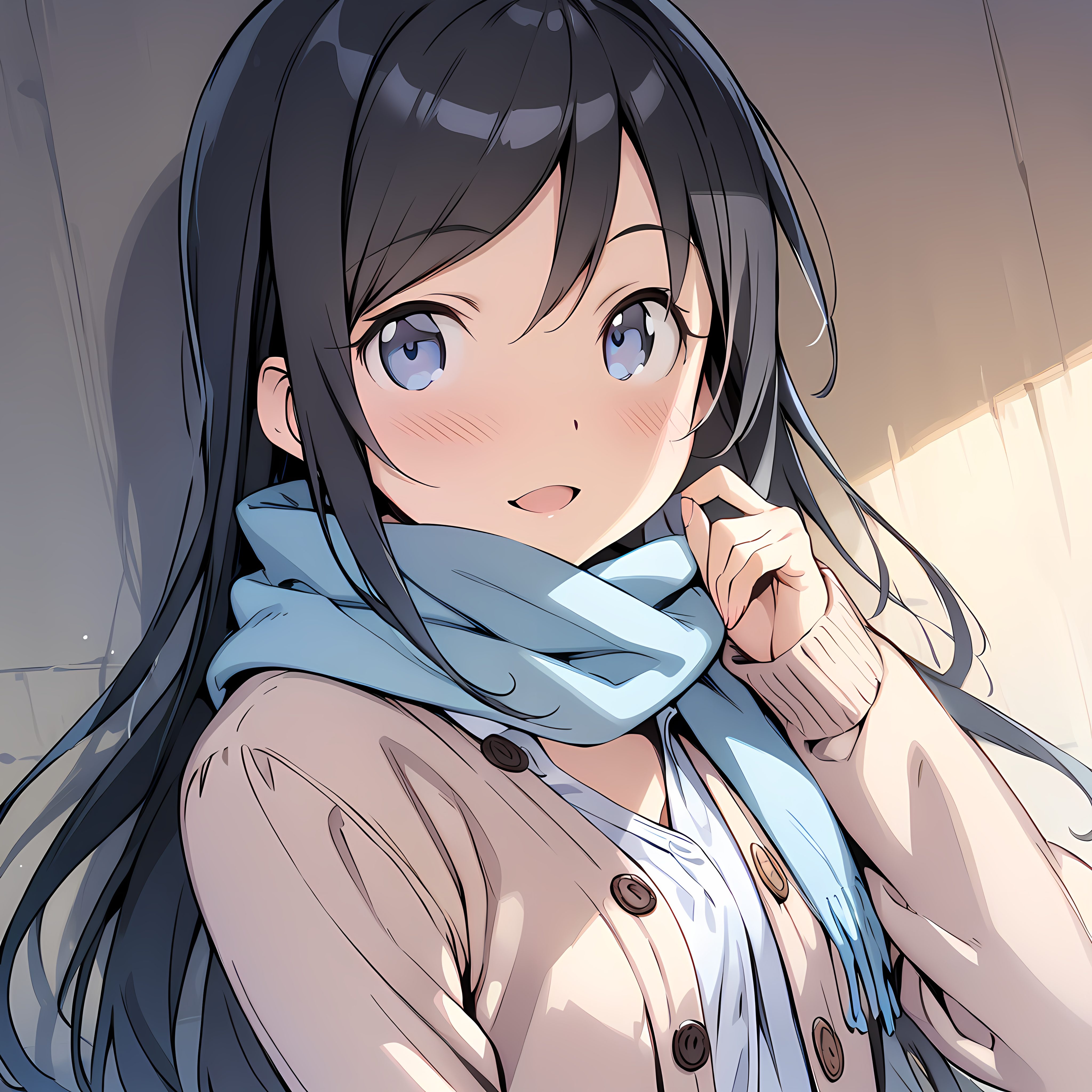 (masterpiece),(best quality),(ultra-detailed),(best illustration),(best shadow),(absurdres),(detailed background),(very aesthetic), ayase aragaki, 1girl, solo, long hair, black hair, scarf, open mouth, blue eyes, blush, smile, cardigan <lora:Ayase_Aragaki_-_Oreimo:1>