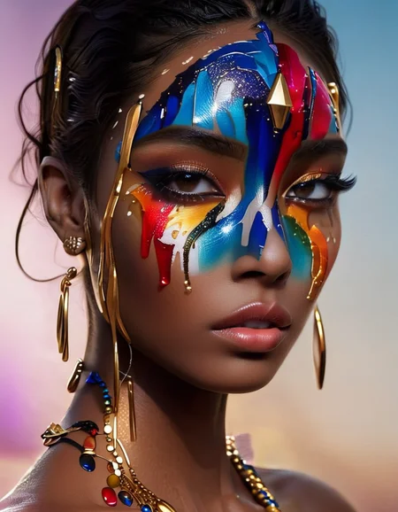 cinematic photo black hair, jewelry, 1girl, looking at viewer, dripping, earrings, lips, blue eyes, makeup, dark skin, lipstick, nose, eyeshadow, eyelashes, signature, facepaint, bodypaint, sharp focus, intricate, elegant, highly detailed, professional color, colorful, deep aesthetic, magic, new, shiny, futuristic, vibrant
<lora:DrippingXL:1>, , <lora:FILM_PHOTOGRAPHY_STYLE:0.25> . 35mm photograph, film, bokeh, professional, 4k, highly detailed