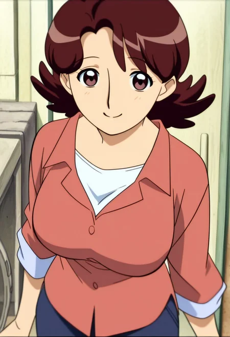 best quality, masterpiece, anime screencap, anime coloring, ultra detailed, source_anime, intricate details, perfect anatomy, 1girl, solo, looking at viewer,
harukaze haruka, brown hair, short hair, flipped hair, brown eyes, bangs, parted bangs, breasts, large breasts,
upper body, smile, happy, shirt, pants, shoes,