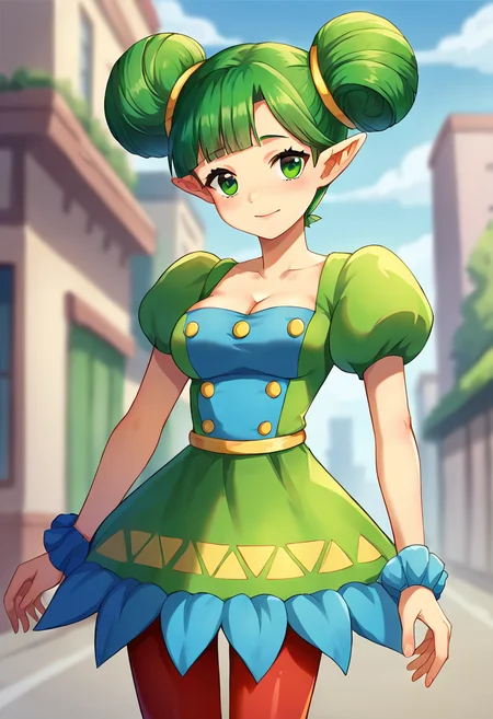 score_9, score_8_up, score_7_up, masterpiece, source_anime, 1girl, ct_farore, green hair, green eyes, double bun, short hair, puffy short sleeves, dress, frilled skirt, blue scrunchie, red pantyhose, outdoors, city, depth of field, looking at viewer, cowboy shot, medium breasts, cleavage,  <lora:Farore_Pony_ct:0.9>