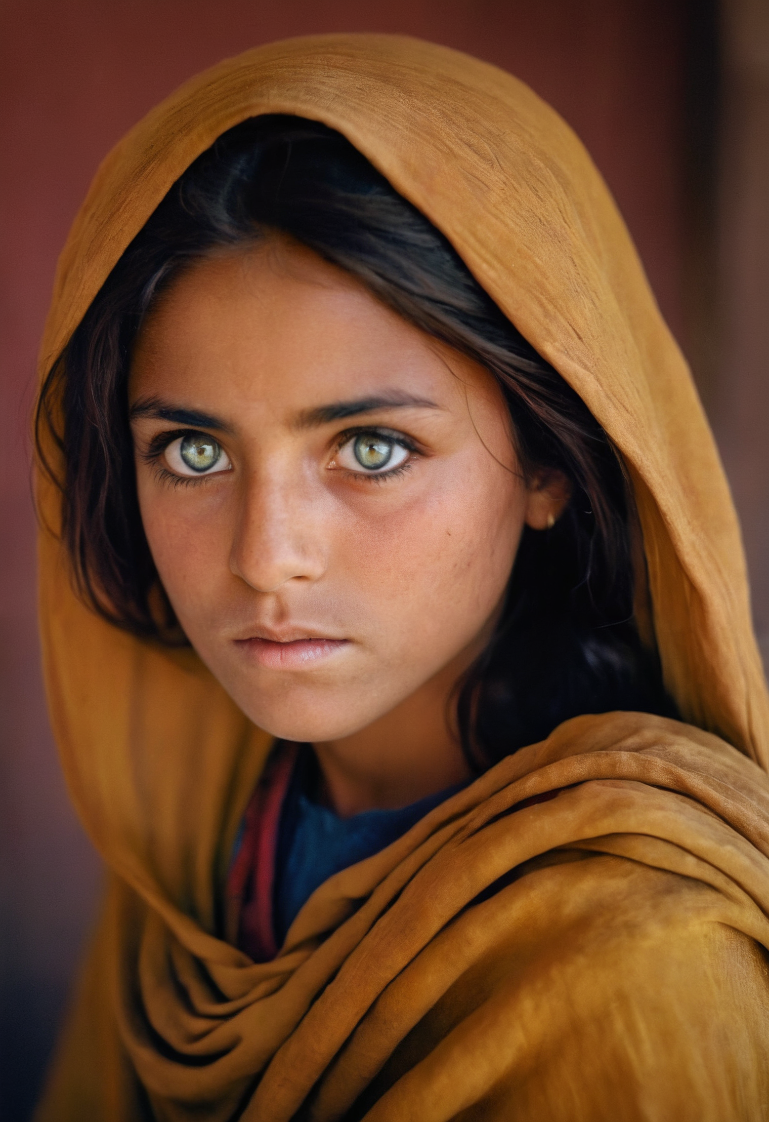 Photography in (stvmccrr style), afghan girl, piercing beautiful light colored eyes, analog film, film grain, kodachrome, rich colors, humane emotive photography, natural lighting, 8k, hdr, masterpiece, award winning photography