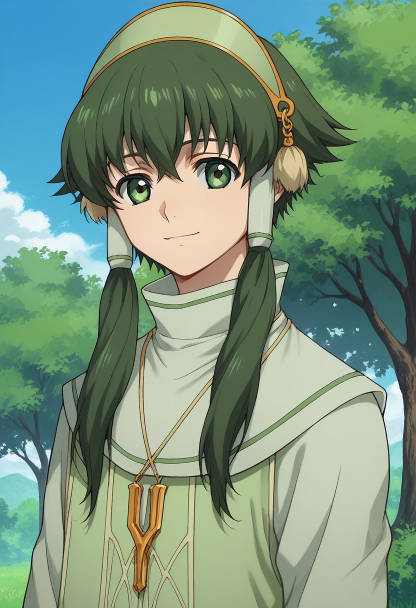 score_9, score_8_up, score_7_up, source_anime, highly detailed, 
fonion, male focus, 1boy, solo, green hair, hair tubes, sidelocks, green eyes, short hair with long locks, smile, jewelry, vest, green vest, hairband, necklace, upper body,
outdoor, sky, tree