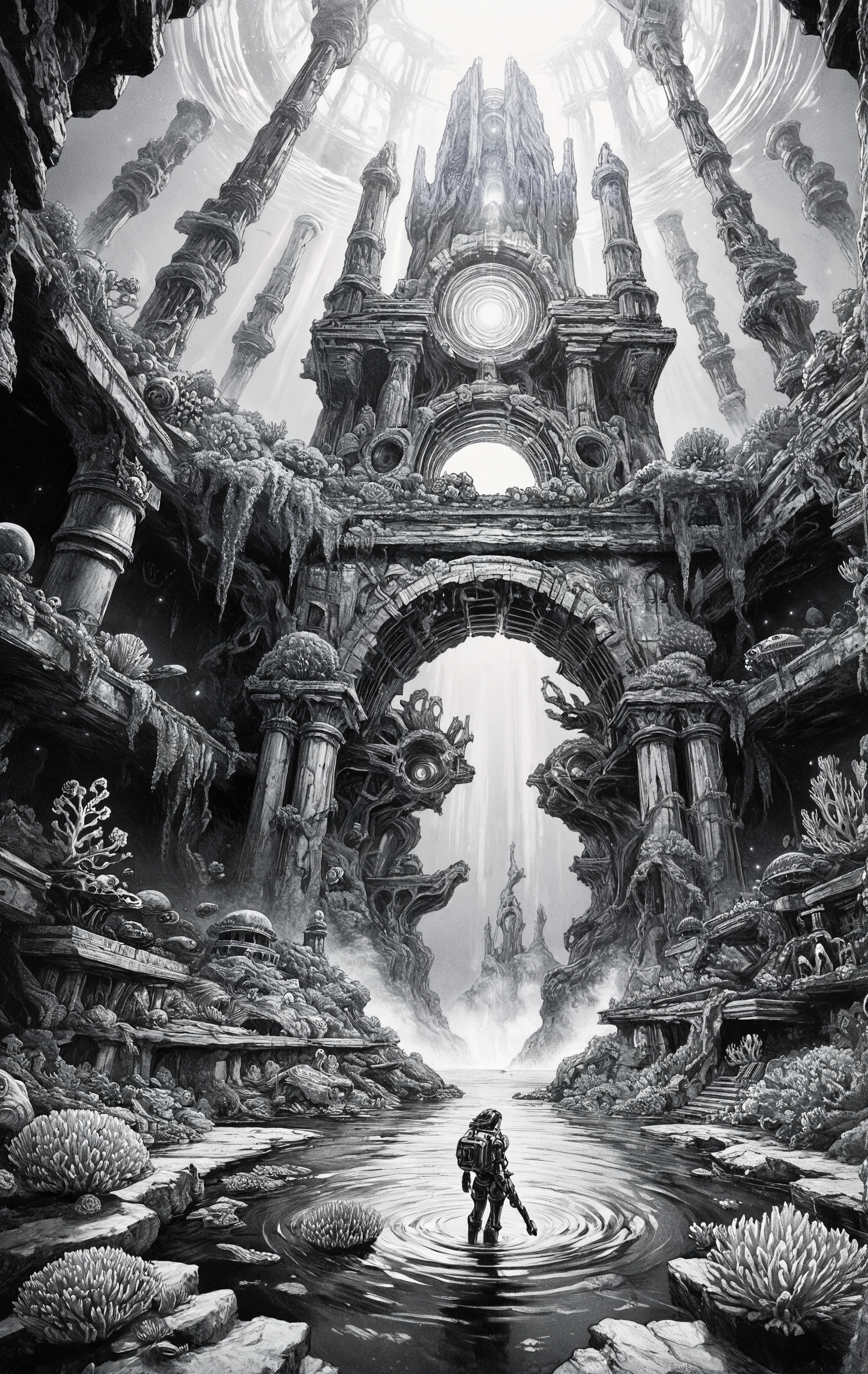 score_9, score_8_up, score_7_up, score_6_up, Lone wanderer, black and white, Deep ocean trench, glowing sea creatures, submerged ruins, bio-luminescent coral, robotic diver, dark abyss, shimmering water, ancient shipwreck, ethereal glow, aquatic exploration
