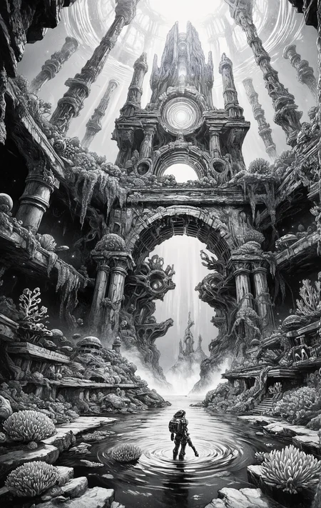 score_9, score_8_up, score_7_up, score_6_up, Lone wanderer, black and white, Deep ocean trench, glowing sea creatures, submerged ruins, bio-luminescent coral, robotic diver, dark abyss, shimmering water, ancient shipwreck, ethereal glow, aquatic exploration