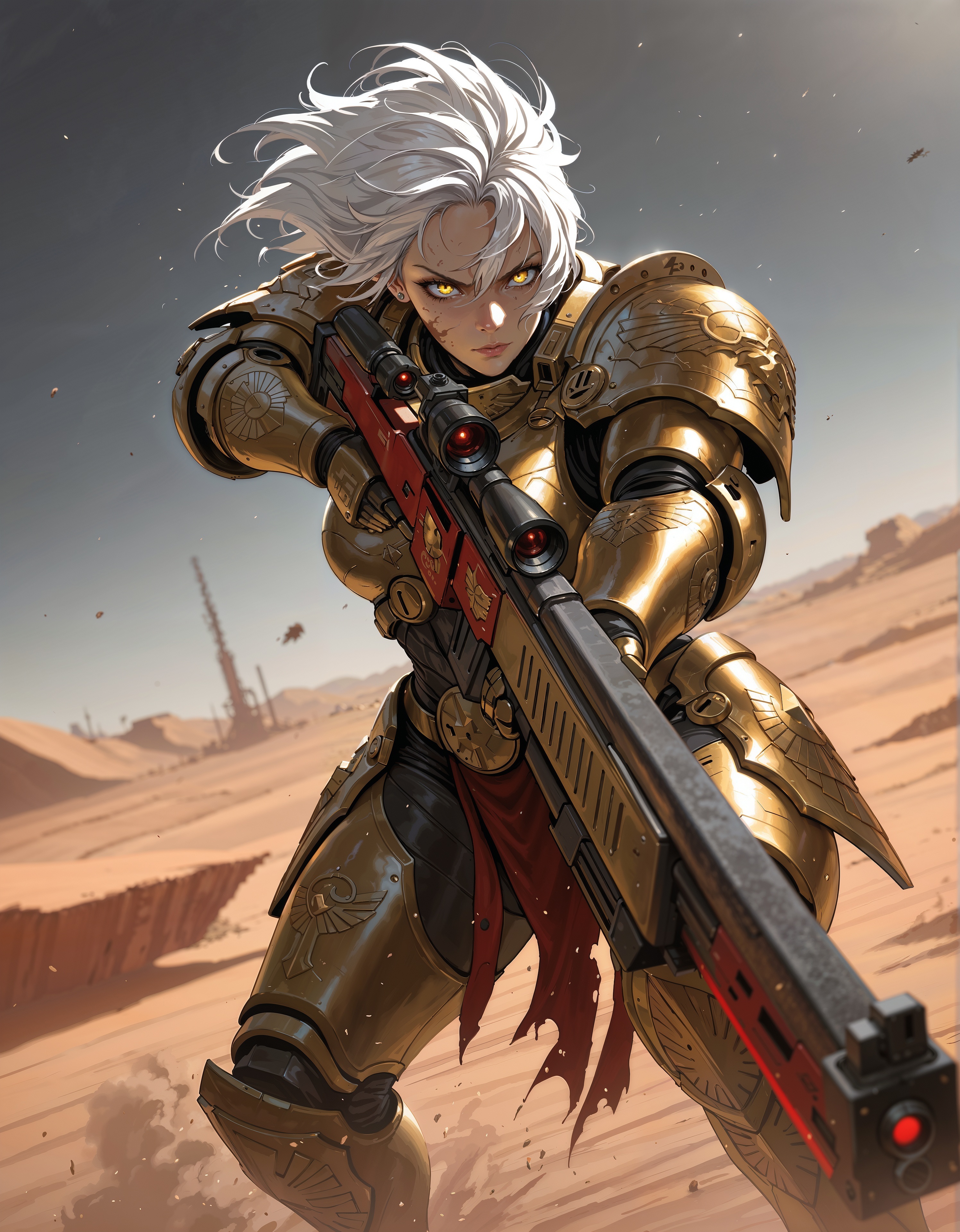 masterpiece, best quality,high quality, newest, highres,8K,HDR,absurdres, dynamic angle, realistic, 1girl, iLLCustodes40k, power armor, golden armor, sniper rifle, scarred face, piercing yellow eyes, white hair with dark streaks, aiming at target, red laser sight, mechanical eyepiece, futuristic sniper, high-tech scope, dusty battlefield, limited palette, intense expression, dynamic pose, dramatic lighting, strong depth of field, wind-blown hair, torn fabric, desert landscape, gritty realism, cinematic shot, dutch angle, foreshortening, blurred background, dust particles., detailed background, dynamic pose, dynamic composition,dutch angle, detailed backgroud,foreshortening,blurry edges <lora:iLLCustodes40k:1>