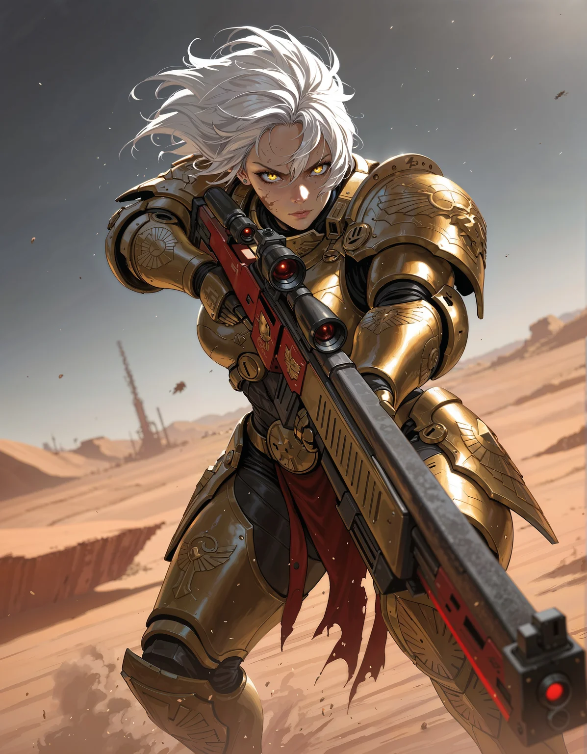 masterpiece, best quality,high quality, newest, highres,8K,HDR,absurdres, dynamic angle, realistic, 1girl, iLLCustodes40k, power armor, golden armor, sniper rifle, scarred face, piercing yellow eyes, white hair with dark streaks, aiming at target, red laser sight, mechanical eyepiece, futuristic sniper, high-tech scope, dusty battlefield, limited palette, intense expression, dynamic pose, dramatic lighting, strong depth of field, wind-blown hair, torn fabric, desert landscape, gritty realism, cinematic shot, dutch angle, foreshortening, blurred background, dust particles., detailed background, dynamic pose, dynamic composition,dutch angle, detailed backgroud,foreshortening,blurry edges <lora:iLLCustodes40k:1>