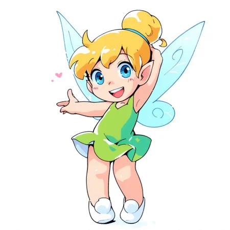 TangiriniStyle,
score_9, score_8_up, score_7_up, source_anime, masterpiece, best quality,1boy, solo, cute, happy, smiling, white outline, standing, full-length portrait, forest background, TinkerWaifu, fairy wings, blue eyes, green dress, sexy, hair bun, short dress
