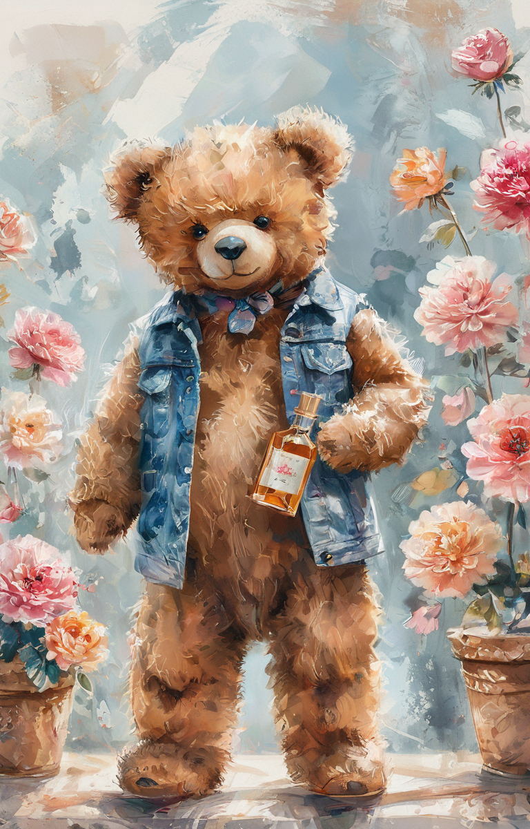 masterpiece,best quality,<lora:tbh37-sdxl:0.9>,illustration,teddy bear, A bottle of perfume in garden