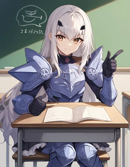 score_9, score_8_up, score_7_up, source_anime, <lora:fgo-melusine-ponyxl-lora-nochekaiser:1>, melusine, brown eyes, long hair, white hair, sidelocks,, armor, armored dress, black dress, black gloves, blue armor, blue dress, breastplate, dress, faulds, gloves, mask, pauldrons, short dress, shoulder armor,, classroom, chalkboard, day time, studying, sitting, chair, desk,, smile, , hand showing a thumbs down, solo,, cowboy shot, dutch angle