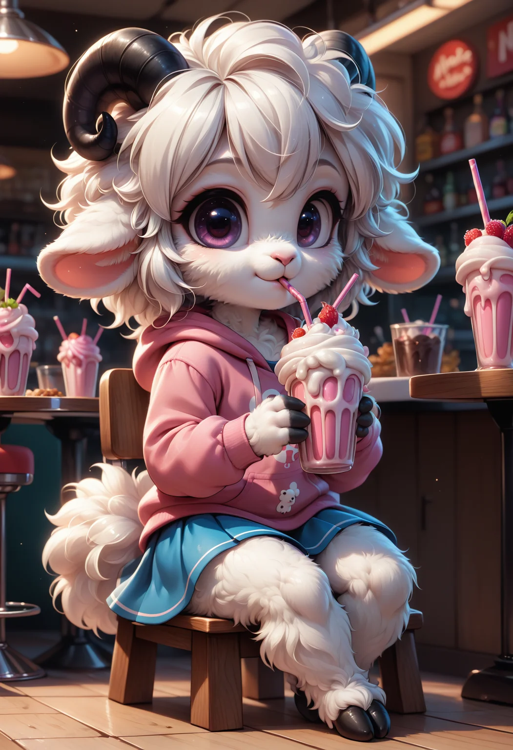 score_9, score_8_up, score_7_up, detailed face eyes and fur, ((anthro, furry, sheep)), (solo), (fluffy:1.5), (white fur:1.5), (black horns), hooves, sheep tail, violet eyes, shortstack, chibi, young, cute, flat chest, pink hoodie, blue skirt, sitting on chair, diner, ((drinking milkshake)), <lora:MegaFluffyPony:0.75> <lora:SDXLFaeTastic2400:0.75>