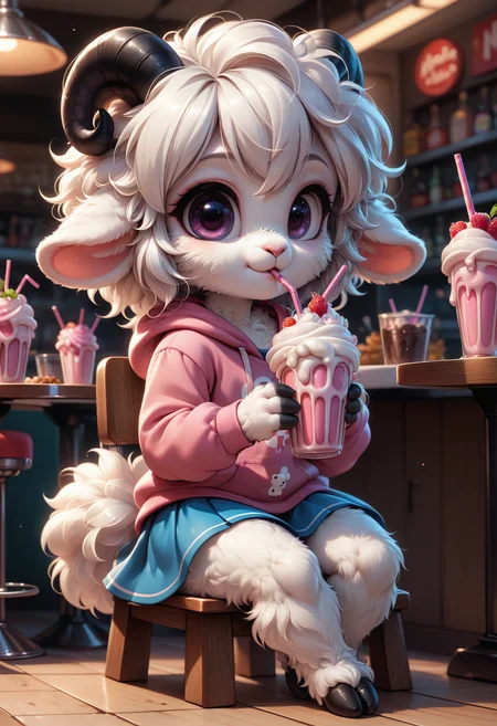 score_9, score_8_up, score_7_up, detailed face eyes and fur, ((anthro, furry, sheep)), (solo), (fluffy:1.5), (white fur:1.5), (black horns), hooves, sheep tail, violet eyes, shortstack, chibi, young, cute, flat chest, pink hoodie, blue skirt, sitting on chair, diner, ((drinking milkshake)), <lora:MegaFluffyPony:0.75> <lora:SDXLFaeTastic2400:0.75>