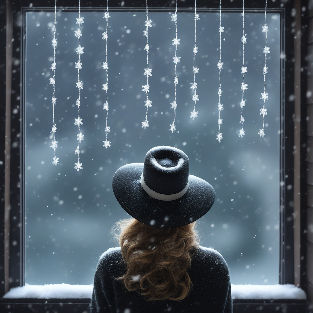 dark, snowing, hat, realistic, simple background, window, light decoration, earrings