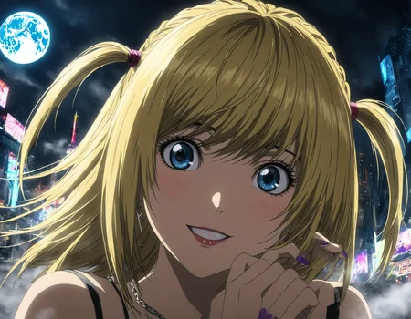 1girl, portrait of Misa Amane, death note, Modern Anime, adult female, From Death Note anime, best quality, 8K, DSLR quality, Bloom Lighting, Good Face, Beautiful Face, Slim, highly detailed, glow, extreme details, fog, smoke, blond hair, full body, happy, smile, perfect eyes, <lora:perfect-eyes:1>, perfecteyes, eyes reflection, detailed eyes, upper body, hdr quality, full of color, smoke, cinematic, night, moon light, 2010s, windy, hair swaying in wind, purple nail polish, nigh time, blue eyes, grainy, chromatic aberration, adult woman, Depth of field effect, uwu, cute, blush, perfecteyes, eyes reflection, detailed eyes, upper body, shy smile, hdr quality, hands doing cute pose, full of color, smoke, cinematic, in city, times square, no crowd, <lora:misa_amane-step00000862:1>