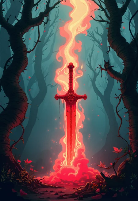 A flat 2D comic illustration featuring a blood-made greatsword as the focus of attention, depicted at a dramatic angle. The menacing blade appears to be enveloped by twisted tendrils surrounding the blade. The bladed artifact is stuck in a cloudy crystal. Set in the haunted heart of a misty, overgrown jungle covered in thorny vines, wrapped around the oddly formed trees and connecting them with each other. The scenery is covered in a volumetric mist, giving off a subtle, foreboding glow, adding to the enigmatic ambience. Intense horror is permeating the scene. The illustration's style is hand-drawn, featuring a cartoon-style with dramatic shadows as well as precise outlines. The color palette is combining colorful tones.