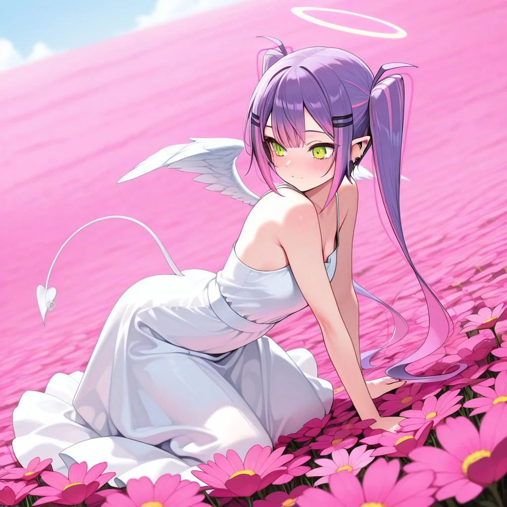 masterpiece, best quality, amazing quality, in flower field, tokoyami towa, pointy ears, long white dress, angel halo, devil horns, angel wings,