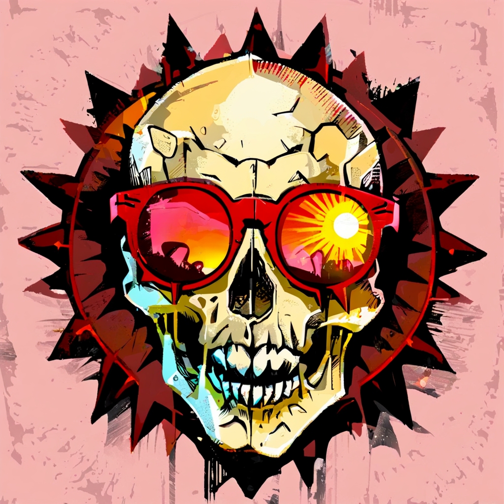 logo of a laughing skull wearing sun glasses, red tint, spikes, <lora:cptrt-step00002000:1> cptrt style
