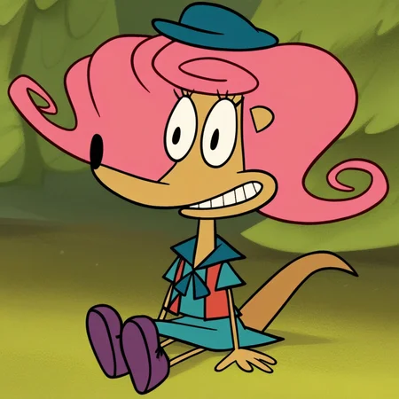 bright pink hair, sitting, Score_9, wavy and voluminous hair, in the forest, red vest, black eyes, furry, scout uniform, blue green dress, small stature, dark purple shoes, smile, tail, Patsy_CL, hands on hips, 1girl, solo, , Expressive eyes, standing, sitting on the floor