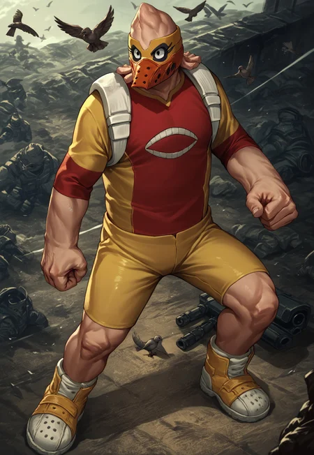 kojikoda, score_9, score_8_up, score_7_up, detailed, solo, full body, 1boy, black eyes, bodysuit, red shirt, yellow shorts, yellow footwear, mask, shoulder strap, serious, fighting stance, battlefield, birds
