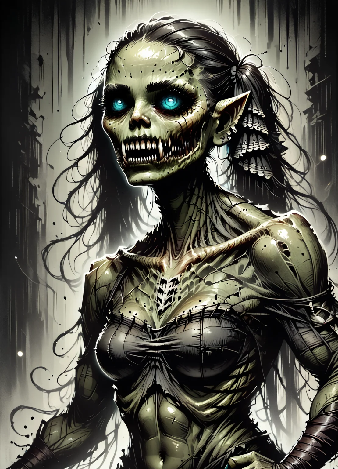 DonMB01dD4rkXL score_9, score_8_up, score_7_up, score_6_up, female orc, fictional humanoid creature, robust muscular build, green skin, prominent fangs, brutish, , fantasy, formidable rating_safe <lora:DonMB01dD4rkXL-pony:1>