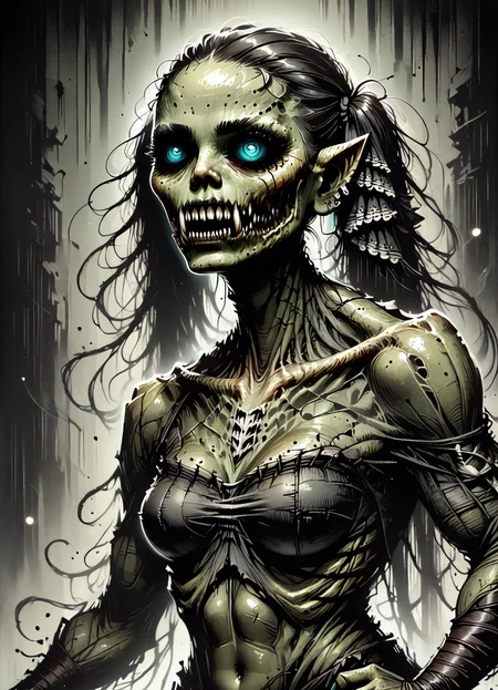 DonMB01dD4rkXL score_9, score_8_up, score_7_up, score_6_up, female orc, fictional humanoid creature, robust muscular build, green skin, prominent fangs, brutish, , fantasy, formidable rating_safe <lora:DonMB01dD4rkXL-pony:1>