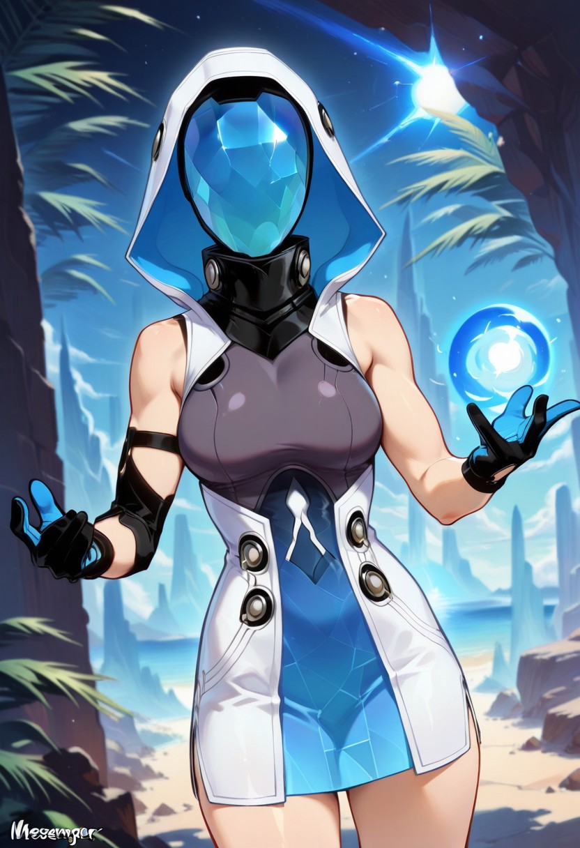 MessengerHSR, 1girl, solo,  bright blue holographic mask, crystallized pattern mask, white and blue hood, white, knee-length sleeveless dress, large breast, dress with black accents, black gloves, black open-toe heels with blue accents, thick hips, bare shoulders,
,seductive pose, sexy pose, tease, 
masterpiece, best quality, ultra-detailed, very aesthetic, detailed background, very aesthetic, newest, scenery, highres, 4k, absurdres, 8k, colorful,vibrant, glowing, perfect face, 2d, perfect eyes, detailed eyes, 
 masterpiece, best quality, ultra-detailed, very aesthetic, newest, scenery, absurdres, perfect anatomy, , perfect face, perfect eyes, mature body, clear eyes, beautiful eyes, athletic, curvy body, athletic girl, perky tits, perfect tits, round breasts, pinup pose, teasing, lustful expression,
muscular female, dutch angle,
,Smooth Negative, highres, absurdres,   uncensored, sci-fi, illustration, retro,