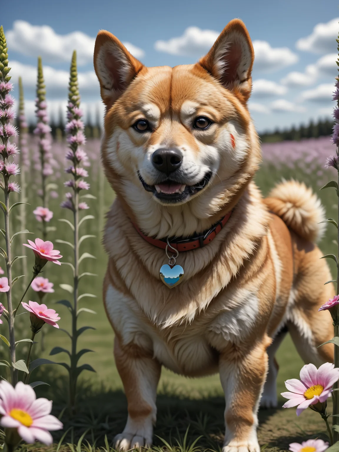 Beautiful shiba inu dog inside a flower field , detailed, realistic, 8k uhd, high quality