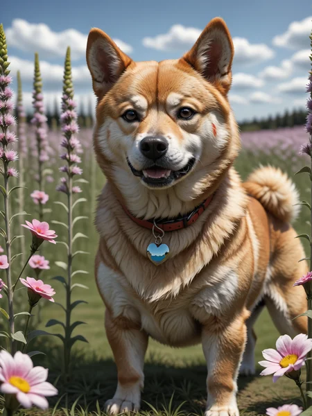 Beautiful shiba inu dog inside a flower field , detailed, realistic, 8k uhd, high quality