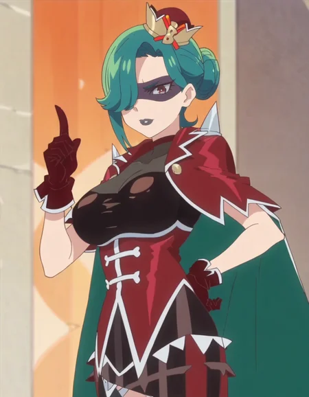 score_9, score_8_up, score_7_up, anime screencap, solo,1girl, gloves, cape, green hair, mask, skirt, hair over one eye, hand on hip, red gloves, short hair, looking at viewer, crown,large breasts,cowboy shot,black lipstick,<lora:Secretoru:0.8>