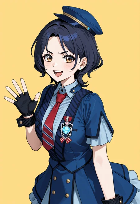 <lora:GBC_NANA-000030:1>,GBC_NANA,1girl,solo,hat,necktie,gloves,yellow background,blue headwear,open mouth,blue skirt,brown eyes,short hair,blue shirt,red necktie,black hair,black gloves,short sleeves,earrings,jewelry,fingerless gloves,pleated skirt,stud earrings,blue hair,v-shaped eyebrows,3D,waving,looking_at_viewer,smile,simple_background,white_background