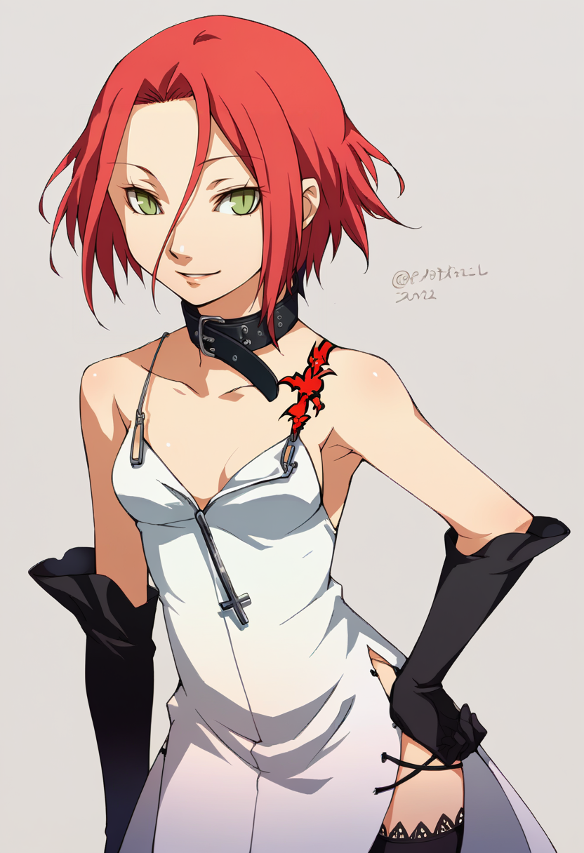 score_9, score_8_up, score_7_up, source_anime, BREAK, solo, 1girl, smile, looking at viewer,  <lora:P4-Portraits-pdxl_Fp:1>, simple background, portrait, <lora:Haru-pdxl_Fp:1>, harudesu, red hair, green eyes, short hair, tattoo, collar, white dress, black gloves, thighhighs, cross, side slit,
