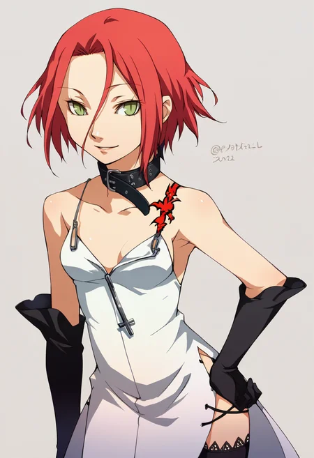 score_9, score_8_up, score_7_up, source_anime, BREAK, solo, 1girl, smile, looking at viewer, <lora:P4-Portraits-pdxl_Fp:1>, simple background, portrait, <lora:Haru-pdxl_Fp:1>, harudesu, red hair, green eyes, short hair, tattoo, collar, white dress, black gloves, thighhighs, cross, side slit,
