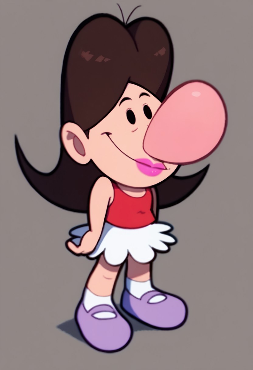 score_9, score_8_up, score_7_up BREAK BlandyGrim, 1girl, brown hair, black eyes, big pink nose, fuchsia lipstick, red tank top, white skirt, socks, light purple mary jane shoes, full body, smiling at viewer,