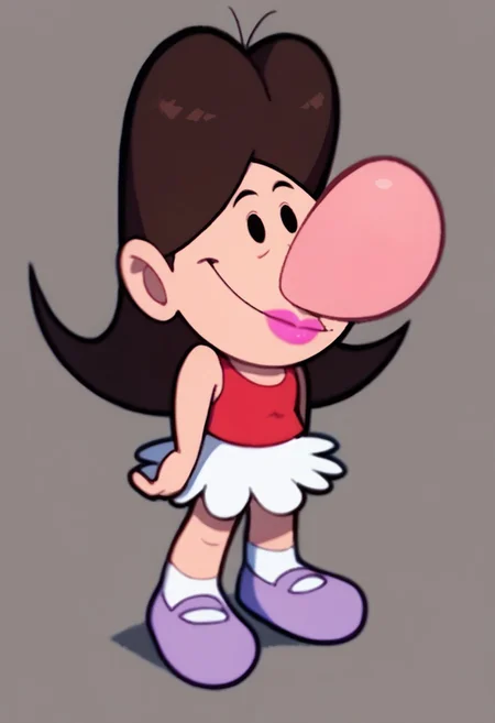 score_9, score_8_up, score_7_up BREAK BlandyGrim, 1girl, brown hair, black eyes, big pink nose, fuchsia lipstick, red tank top, white skirt, socks, light purple mary jane shoes, full body, smiling at viewer,