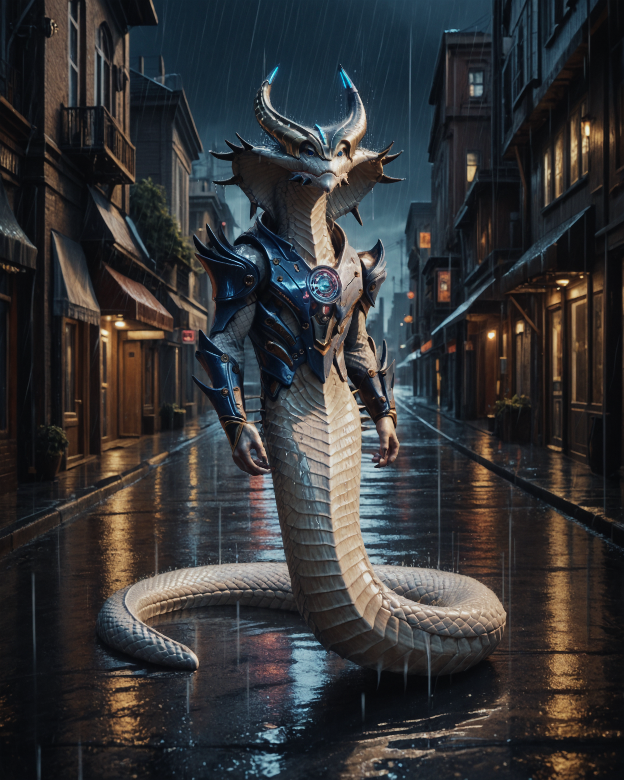 score_9, score_8_up, score_7_up, rating_questionable, intricately detailed,
<lora:Viper_King_XCOM_2:0.8>, 
1boy(v1per_king, sp1key_armor, full body, reptilian, white scales, black spikes, solo, looking at the viewer), 
rain, wet street, wet, science fiction city, futuristic buildings, high rises, on a road, at night, darkness, rainfall, dark theme,
depth of field, detailed background,
<lora:ral-chrosc-clr:0.5>, ral-chrosc-clr,
<lora:Expressive_H:0.5>, expessiveH,
<lora:xl_more_art-full_v1:0.3>,
<lora:add-detail-xl:0.3>