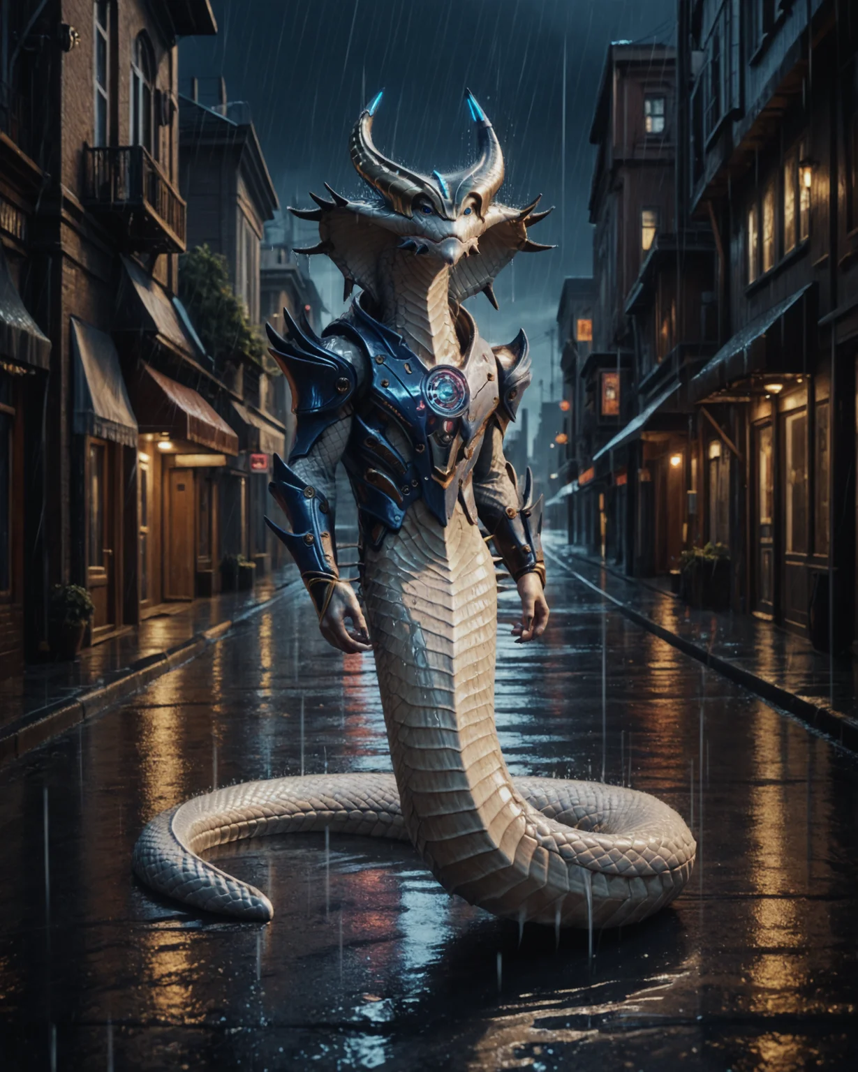 score_9, score_8_up, score_7_up, rating_questionable, intricately detailed,
<lora:Viper_King_XCOM_2:0.8>,
1boy(v1per_king, sp1key_armor, full body, reptilian, white scales, black spikes, solo, looking at the viewer),
rain, wet street, wet, science fiction city, futuristic buildings, high rises, on a road, at night, darkness, rainfall, dark theme,
depth of field, detailed background,
<lora:ral-chrosc-clr:0.5>, ral-chrosc-clr,
<lora:Expressive_H:0.5>, expessiveH,
<lora:xl_more_art-full_v1:0.3>,
<lora:add-detail-xl:0.3>
