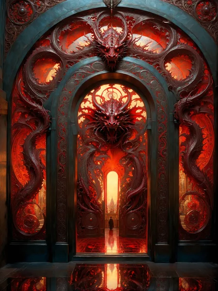 most detailed image of a very high quality masterpiece,complex composition, exquisite detailed features, photorealistic, absurdres,  <lora:Radiant_Darkness:1> Radiant Darkness <lora:zavy-cntrst-sdxl:1> dark, chiaroscuro, low-key, red ink, masterpiece fro another dimension,  <lora:detailed_notrigger:1>, giant, massive, silver surface, reflections, ancient dragon, door carving,  <lora:symmetrical:3> symmetrical <lora:Alphonse Mucha Style:1> Alphonse Mucha Style page
