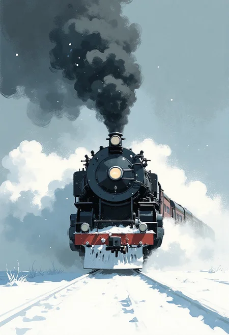 A stylized illustration captures the dramatic front view of a vintage train battling its way through a fierce blizzard. Dark, billowing smoke pours from the locomotive's chimney, struggling against the swirling snow and wind, almost mirroring the chaotic motion of the storm itself. The train, a classic design perhaps from the steam era, is depicted with strong, expressive brush strokes, giving it a sense of dynamic movement and energy. The blizzard rages around the train, with thick, textured strokes representing the heavy snowfall and the biting wind. Visibility is likely poor, with the train's headlamp barely piercing the whiteout, adding to the sense of danger and isolation. The color palette could be limited, perhaps focusing on shades of grey, white, and black to emphasize the harshness of the weather, with perhaps a touch of warm color from the train's lights or windows to provide a focal point. The stylized nature of the illustration allows for a degree of abstraction, emphasizing the mood and atmosphere of the scene over strict realism. The overall effect is one of a powerful struggle against the elements, a lone machine pushing forward against the fury of nature, conveyed through the expressive brushwork and dynamic composition.
stylized illustration, brush strokes, sr3fmj, Anime, Niji, artipencil01