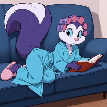 masterpiece, best quality, amazing quality, fifittail, anthro, female, skunk, purple fur, purple hair, black eyes, blue sclera, blue robe, blue pants, pink slippers, hair rollers,, lying, on couch, reading book