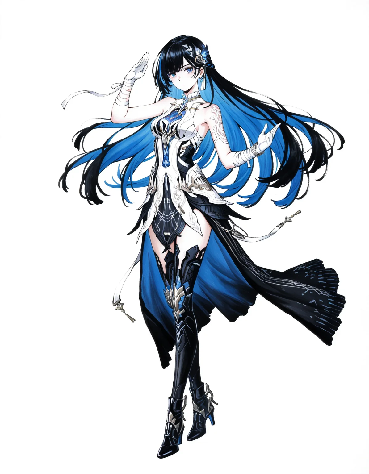 1girl,<lora:mai_pgr_selena_xs:0.7>,mai_pgr_selena_xs,bandaged_arm,bandages,bare_shoulders,black_dress,black_hair,blue_eyes,blue_hair,boots,colored_inner_hair,gloves,high_heels,jewelry,long_hair,multicolored_hair,solo,streaked_hair,very_long_hair,white_dress,white_gloves,
simple background,white background,looking at viewer,cowboy shot,<lora:chines_Ink_painting_IL_MIX:1.5>,wuguanzhong,zhang daqian,qi baishi,painting \(medium\),traditional media,simple background,partially colored,negative space,limited palette,monochrome,full body,dynamic pose,fighting stance,