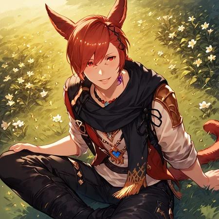 1 boy, solo, G'raha Tia, hair ornament, miqo'te, slit pupils, braided ponytail, red eyes, animal ears, x hair ornament, red hair, cat ears, braid, neck tattoo, swept bangs, white shirt, black cargo pants, black scarf, dutch angle, sitting on a green lawn, park, rabbits, holding a rabbit, happy expression,
score_9, score_8_up, score_7_up, (masterpiece, best quality, very aesthetic, ultra detailed), intricate details, detailed eyes, detailed background, granblue_fantasy_style_xl, expressiveh, light from above, shiny skin, oiled skin,