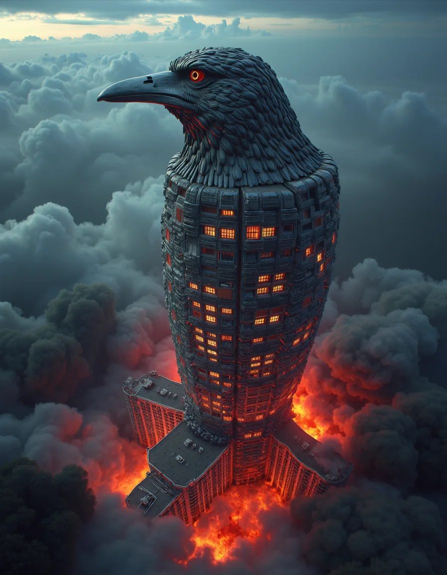 3D Ray Tracing conception, a 350 floors tall world's tallest futuristic novelty architecture mausoleum/tomb shaped like a hairy crow, set in a Macanese traditional envisionment of Hell.
