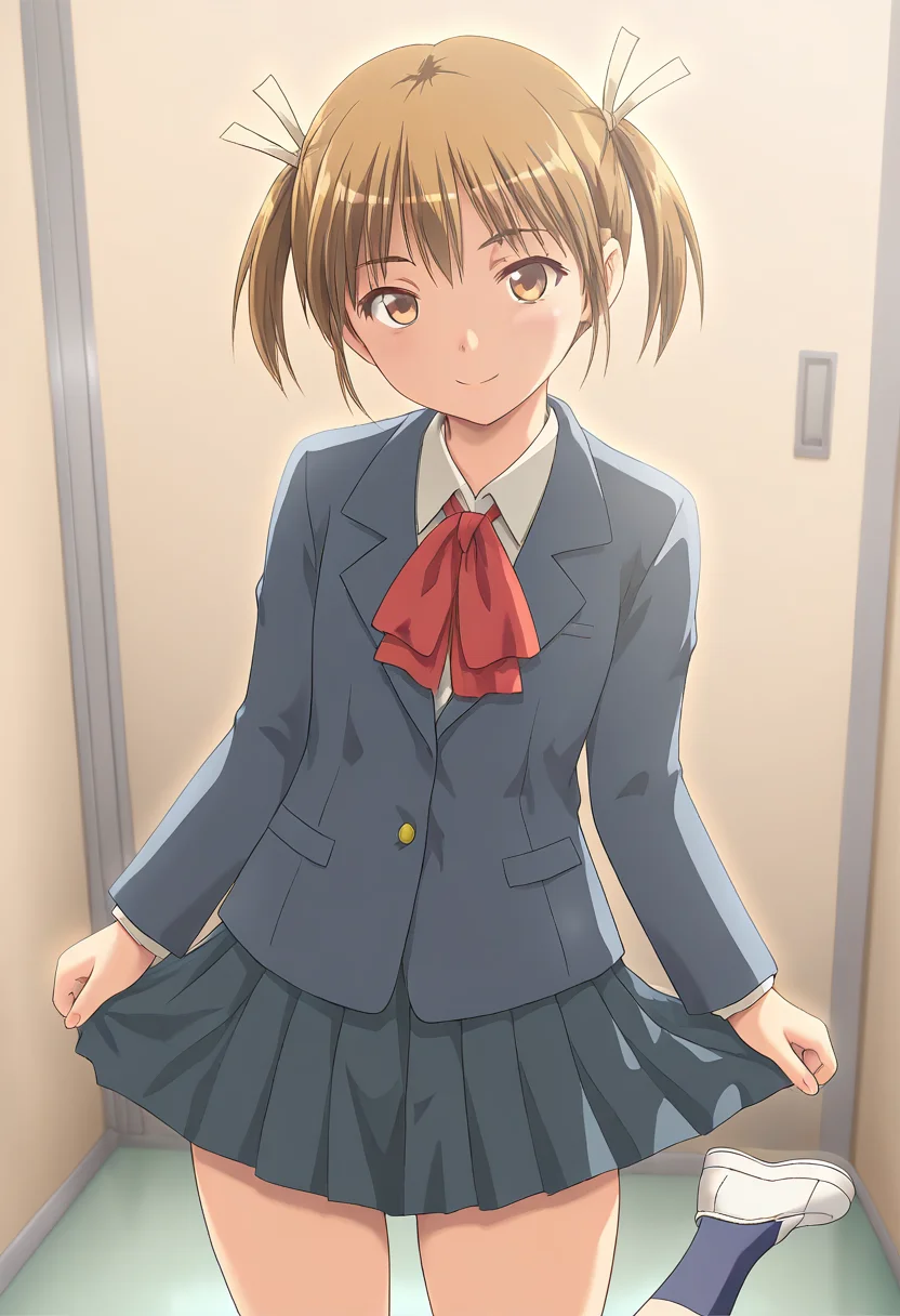 masterpiece, best quality, amazing quality, 1girl, solo, cowboy shot, kozueww, brown eyes, brown hair, short hair, twintails, hair ribbon, flat chest, school uniform, dark grey blazer, collared shirt, neckerchief, long sleeves, dark grey pleated skirt, black socks, shoes, looking at viewer, smile, indoors, skindentation, detailed clothing folds, depth of field, sharp, high contrast, dynamic light <lora:Shintaisou_Kari_Kozue_Morishita_ill:1>